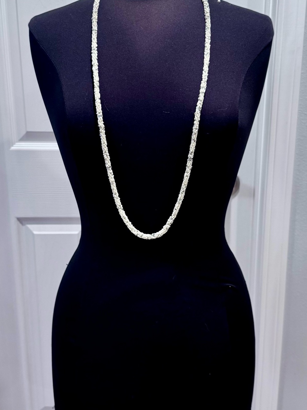 Vintage 42" Single Strand White Glass Seed and Bugle Bead Crochet Rope Necklace